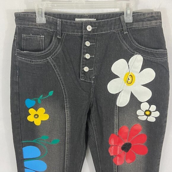 Misslook Women's  Floral Jeans Straight Leg High Rise Button Fly Sz XL (36 x 31) - Picture 3 of 10